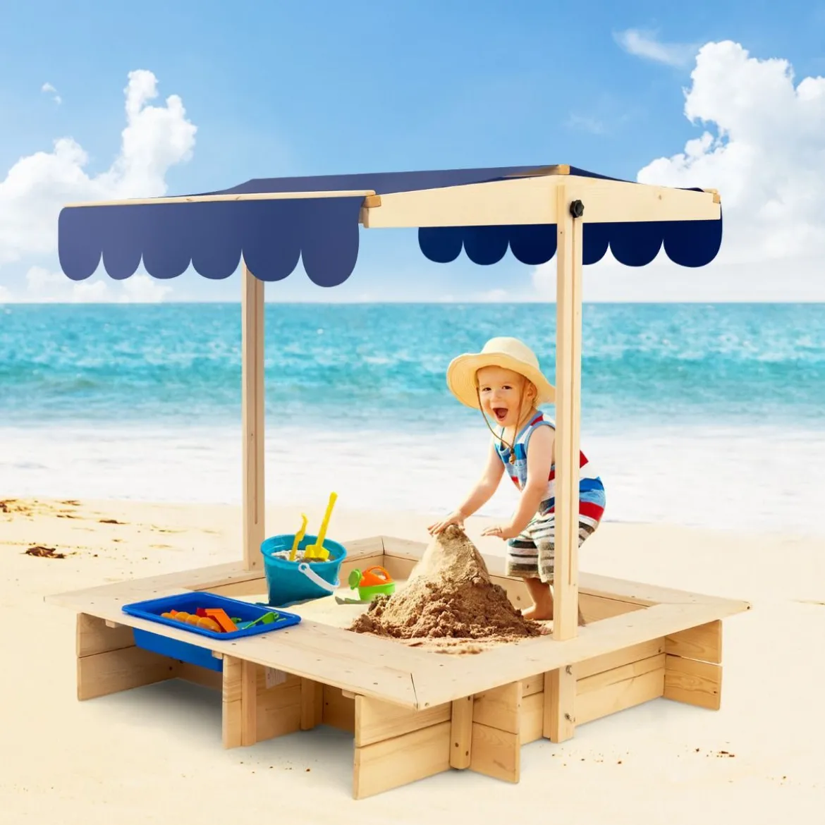Sandkasten für Kinder im Freien Überdachter Sandkasten 115 x 115 x 121 cm Natur + Blau