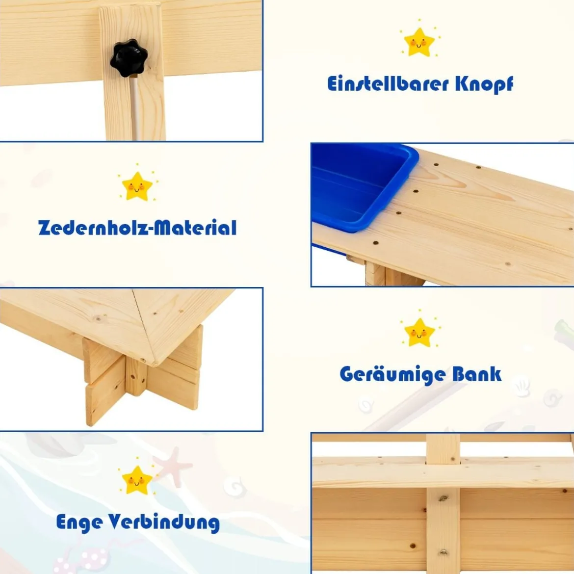 Sandkasten für Kinder im Freien Überdachter Sandkasten 115 x 115 x 121 cm Natur + Blau