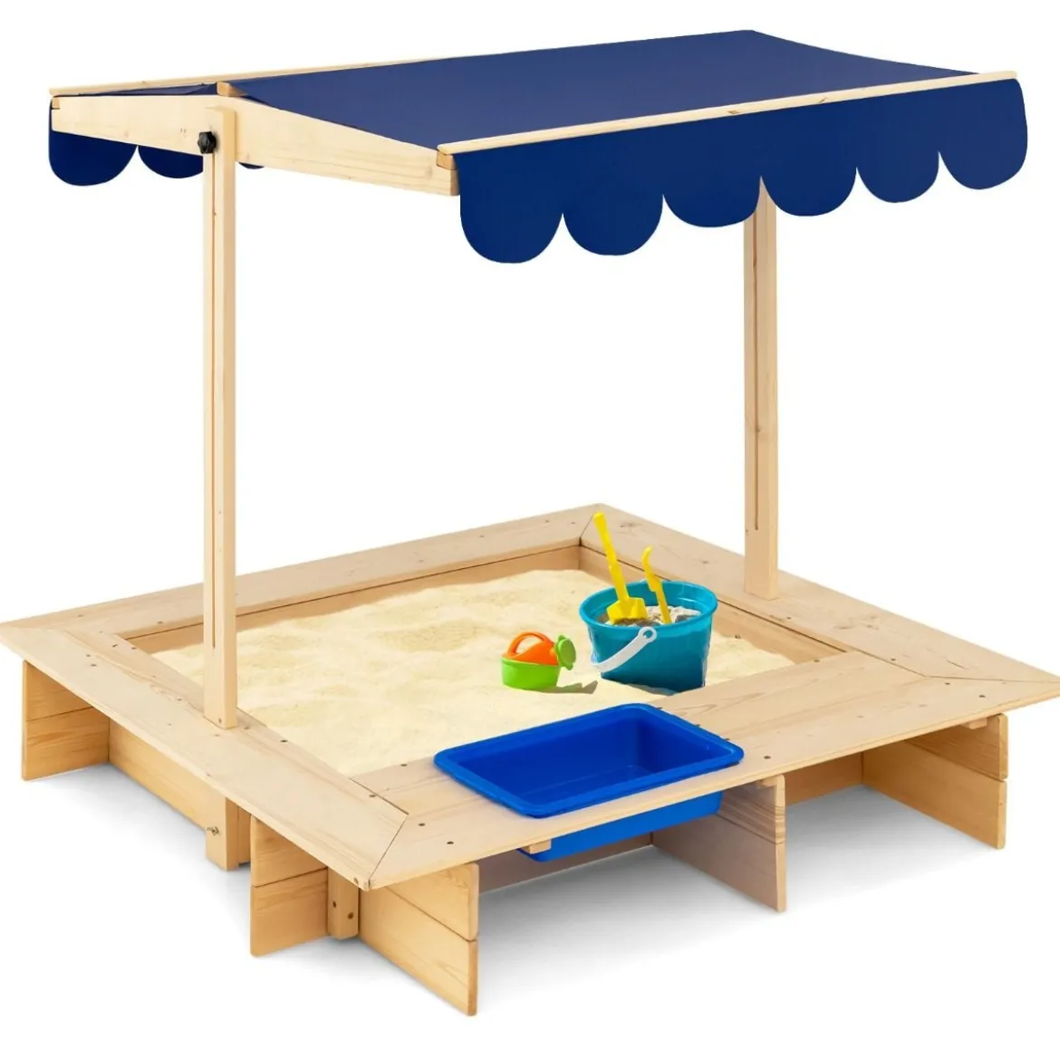 Sandkasten für Kinder im Freien Überdachter Sandkasten 115 x 115 x 121 cm Natur + Blau