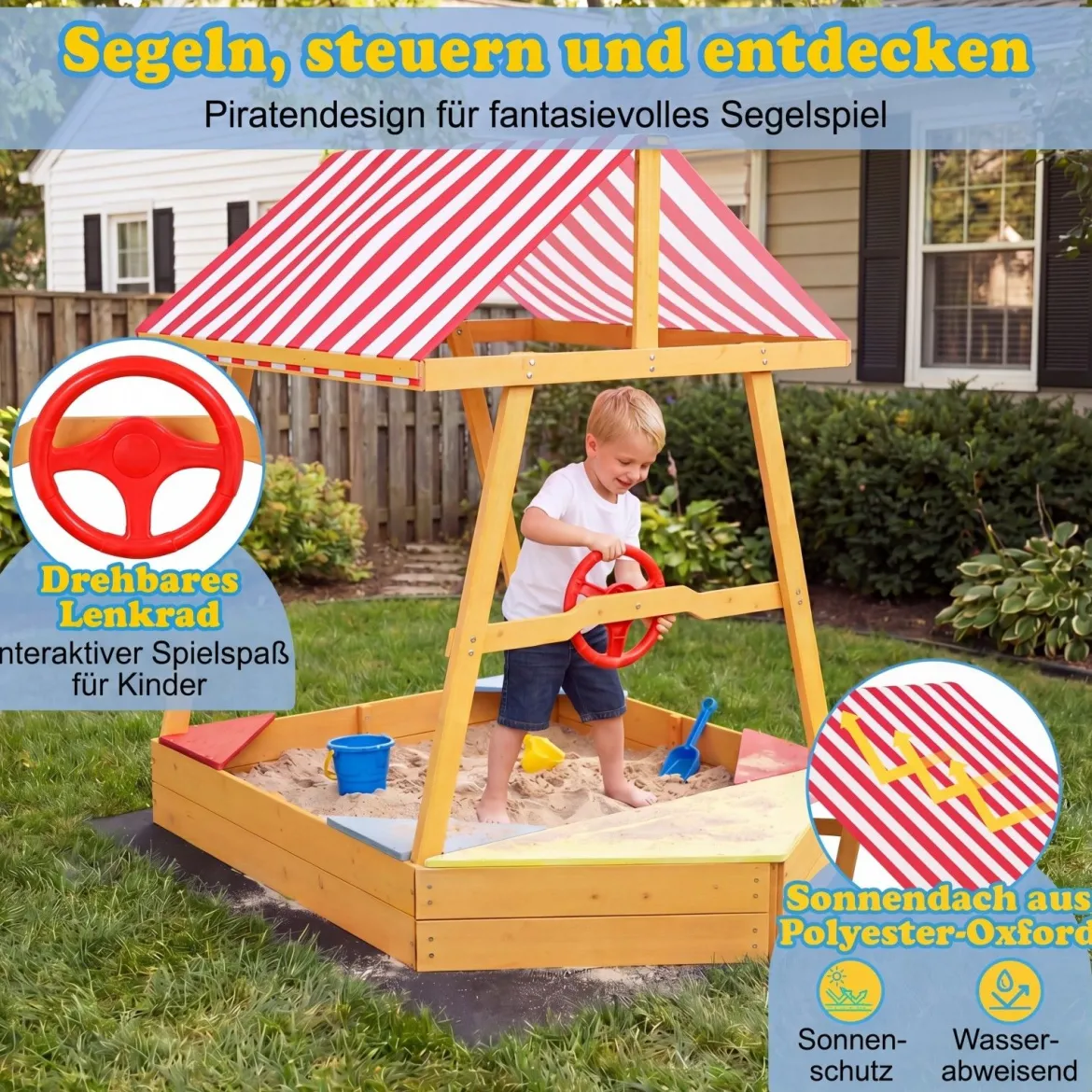 Sandkasten mit Dach Schiff Holzsandkasten mit Steuerrad 4 Ecksitzen & Bodenplane 103 x 135 x 140 cm