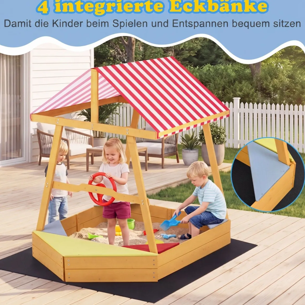 Sandkasten mit Dach Schiff Holzsandkasten mit Steuerrad 4 Ecksitzen & Bodenplane 103 x 135 x 140 cm