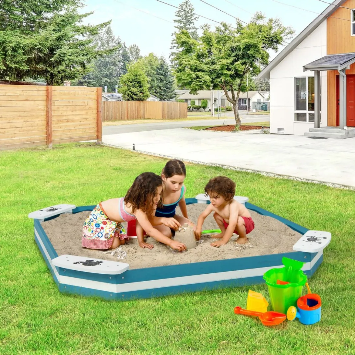Sandkiste aus Zedernholz mit 4 integrierten Sitzen 126 x 126 x 14 cm Blau + Weiß