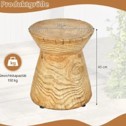 Sanduhrförmiger Beistelltisch 43 cm hoher holzähnlicher Hocker wetterfester Balkontisch runder Sofatisch mit Holzmaserung Natur