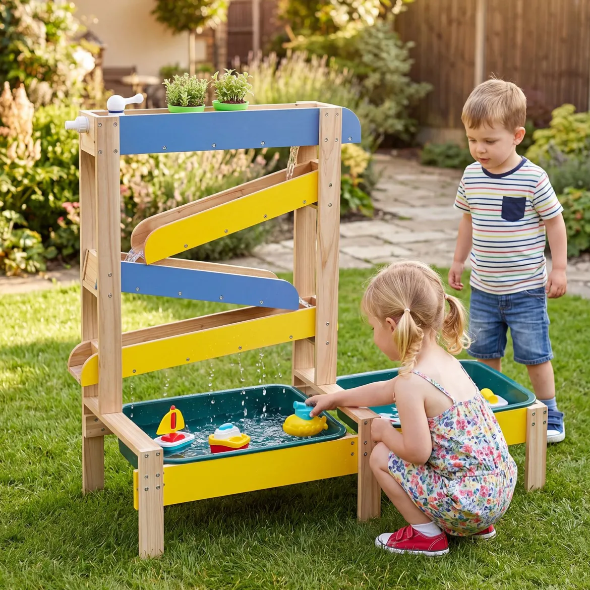 Sand- und Wassertisch aus Holz mit 2 Becken und Zubehör für Kinder ab 3 Jahren Mehrfarbig