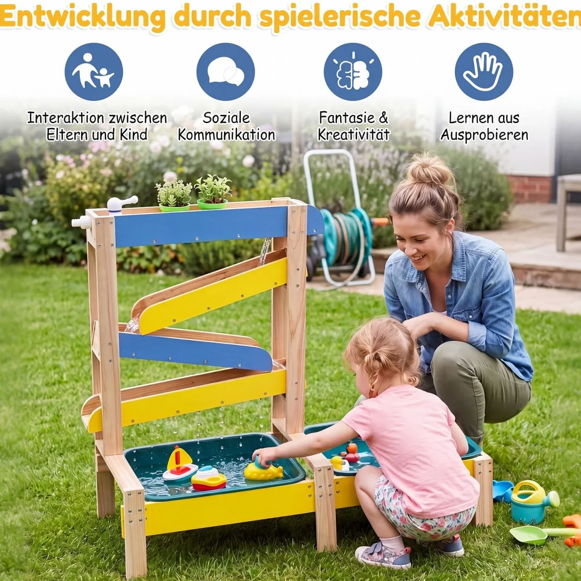 Sand- und Wassertisch aus Holz mit 2 Becken und Zubehör für Kinder ab 3 Jahren Mehrfarbig