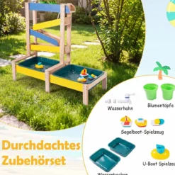 Sand- und Wassertisch aus Holz mit 2 Becken und Zubehör für Kinder ab 3 Jahren Mehrfarbig