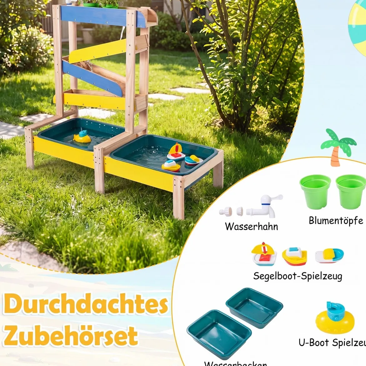 Sand- und Wassertisch aus Holz mit 2 Becken und Zubehör für Kinder ab 3 Jahren Mehrfarbig