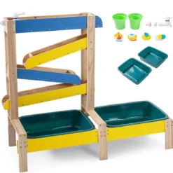 Sand- und Wassertisch aus Holz mit 2 Becken und Zubehör für Kinder ab 3 Jahren Mehrfarbig
