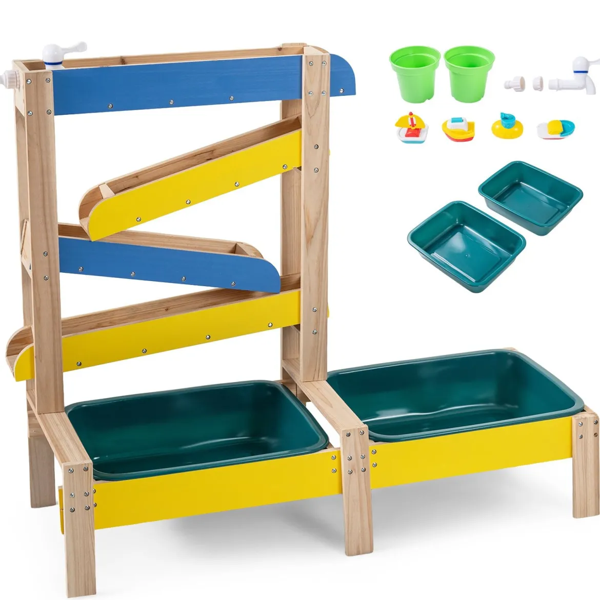 Sand- und Wassertisch aus Holz mit 2 Becken und Zubehör für Kinder ab 3 Jahren Mehrfarbig