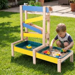Sand- und Wassertisch aus Holz mit 2 Becken und Zubehör für Kinder ab 3 Jahren Mehrfarbig