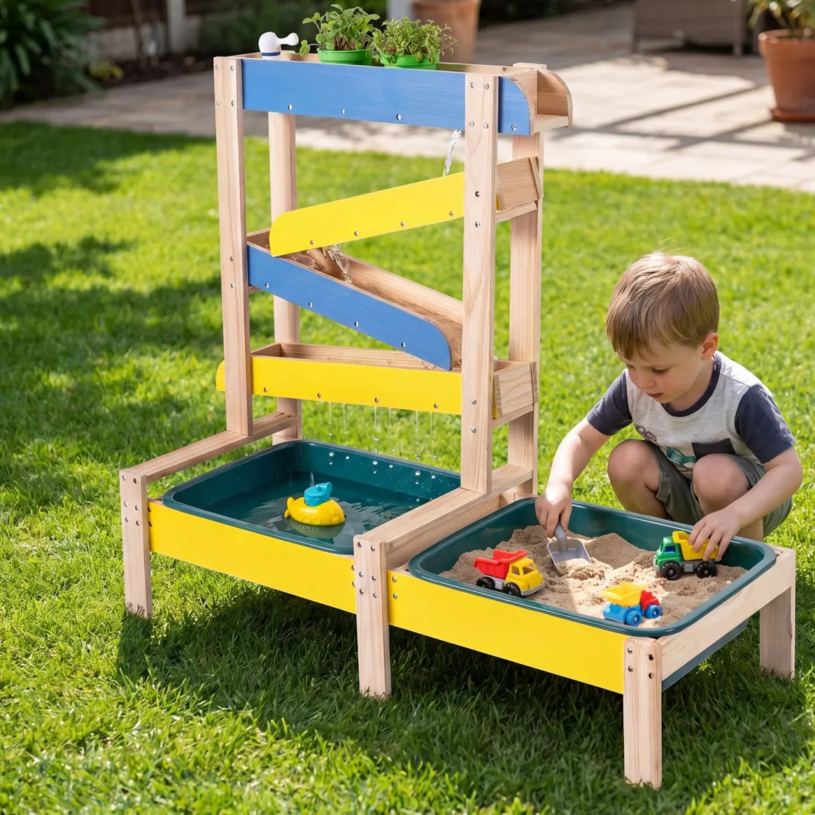 Sand- und Wassertisch aus Holz mit 2 Becken und Zubehör für Kinder ab 3 Jahren Mehrfarbig
