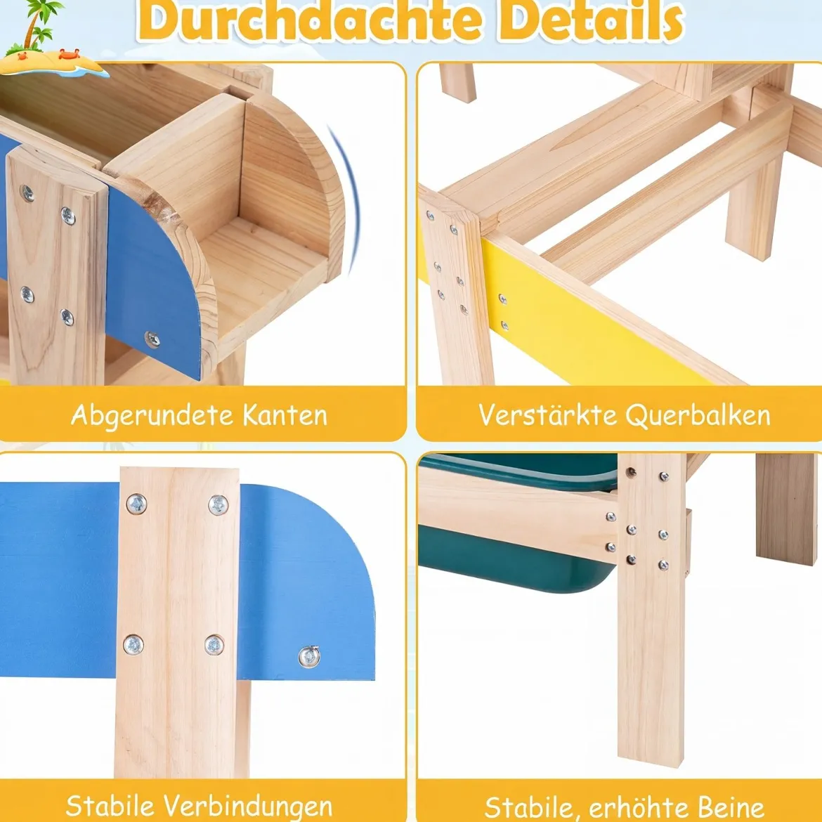 Sand- und Wassertisch aus Holz mit 2 Becken und Zubehör für Kinder ab 3 Jahren Mehrfarbig