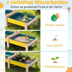 Sand- und Wassertisch aus Holz mit 2 Becken und Zubehör für Kinder ab 3 Jahren Mehrfarbig