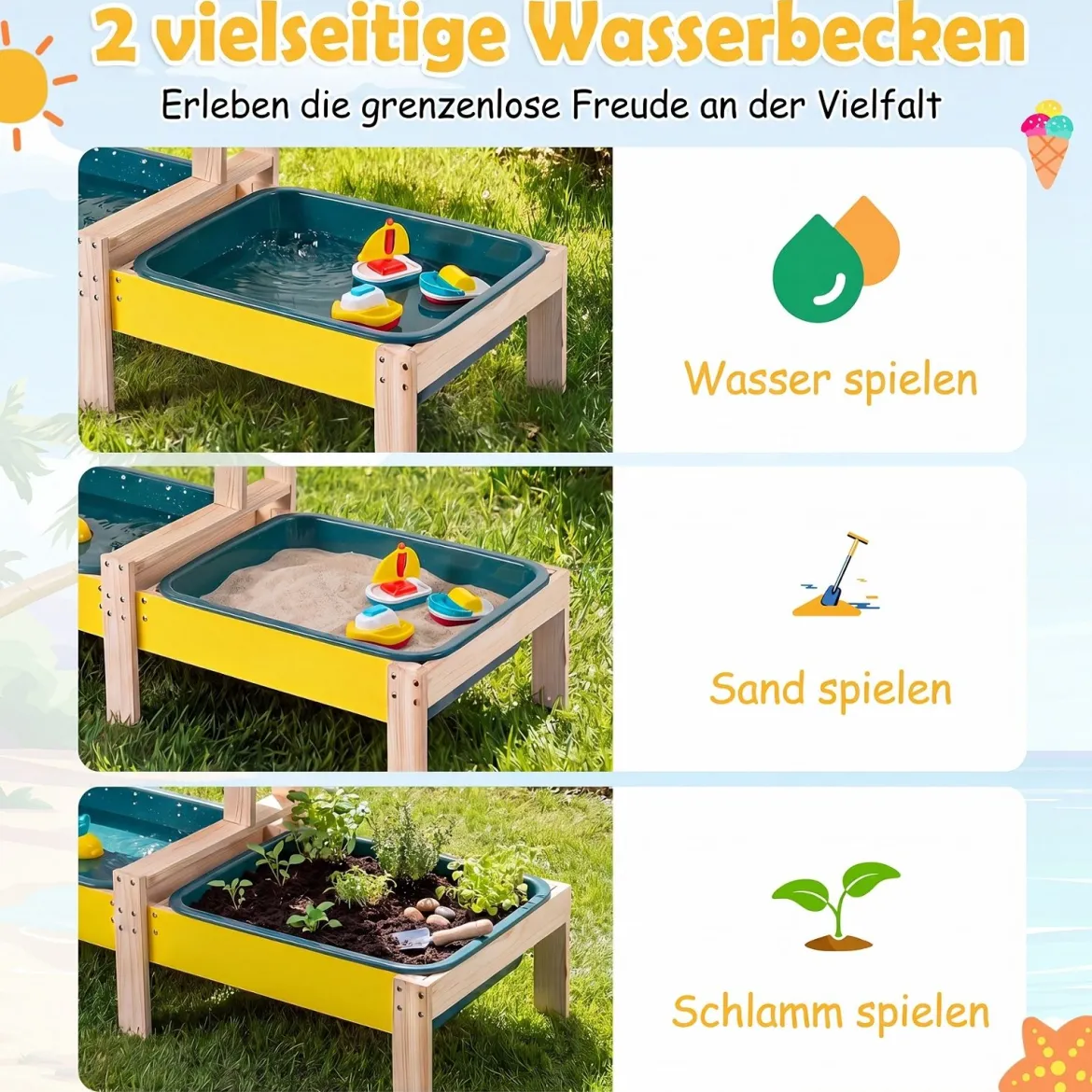 Sand- und Wassertisch aus Holz mit 2 Becken und Zubehör für Kinder ab 3 Jahren Mehrfarbig