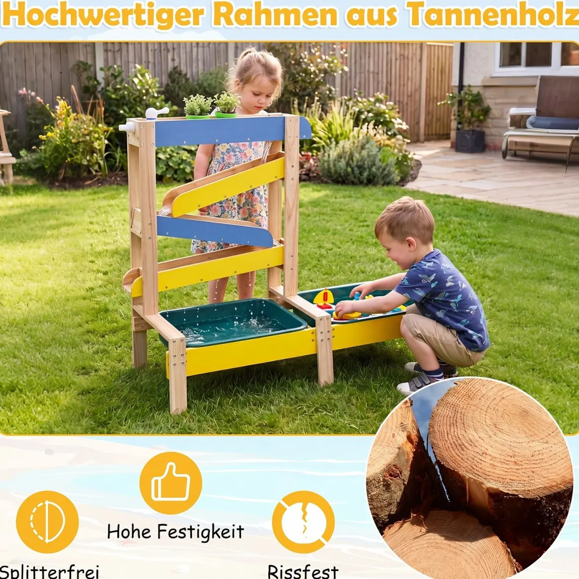 Sand- und Wassertisch aus Holz mit 2 Becken und Zubehör für Kinder ab 3 Jahren Mehrfarbig