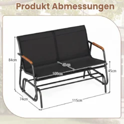 Schaukelbank für 2 Personen Terrassenbank mit geschwungenen Teakholz-Armlehnen Schwarz