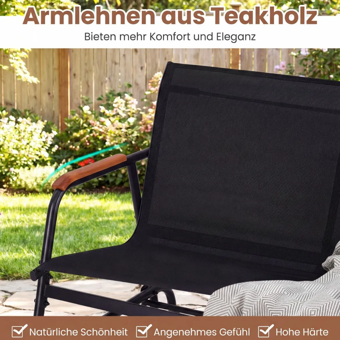 Schaukelbank für 2 Personen Terrassenbank mit geschwungenen Teakholz-Armlehnen Schwarz