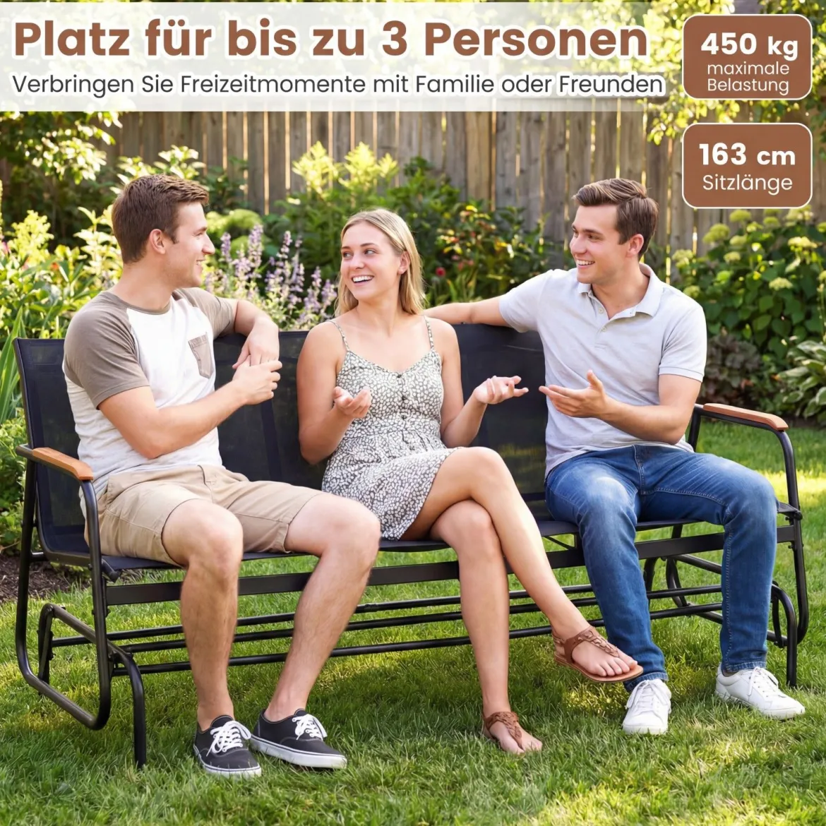 Schaukelbank für 3 Personen Terrassenbank mit geschwungenen Teakholz-Armlehnen Schwarz