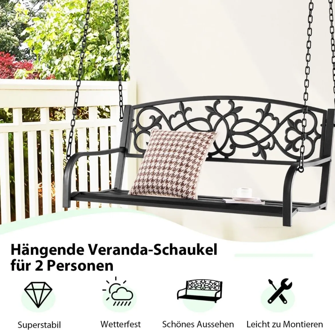 Schaukelbank 220 kg Belastbare 2-Personen-Hängeschaukel Schwarz