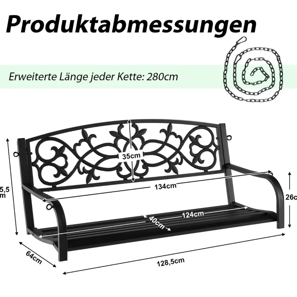 Schaukelbank 220 kg Belastbare 2-Personen-Hängeschaukel Schwarz