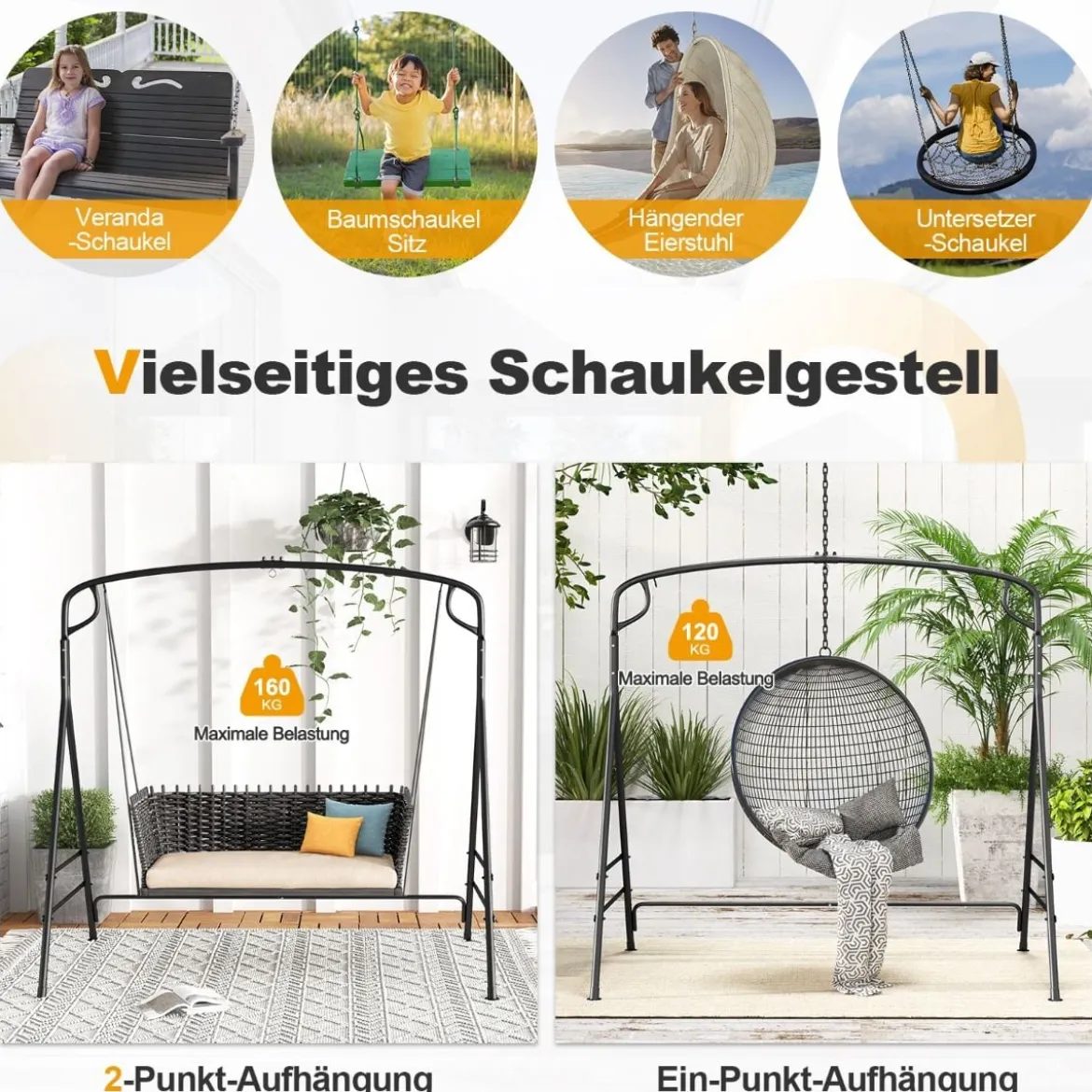 Schaukelgestell aus Metall mit Zusätzlichen Seitenstangen & 2-Ring-Design 170 x 118 x 165 cm