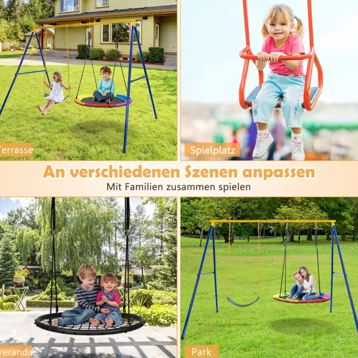 Schaukelgestell mit A-Rahmen Doppelschaukel Metallahmen 249 x 185 x 181,5 cm Blau + Gelb
