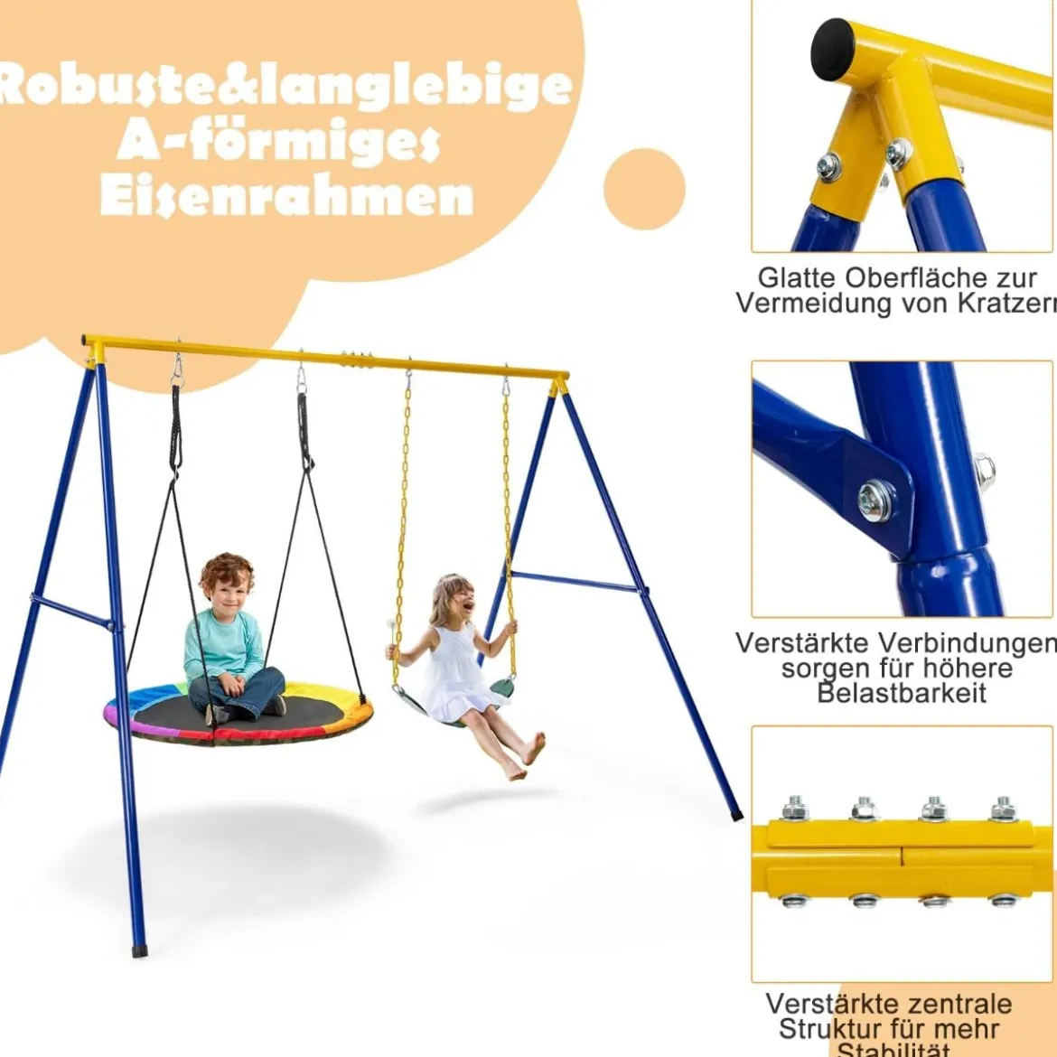Schaukelgestell mit A-Rahmen Doppelschaukel Metallahmen 249 x 185 x 181,5 cm Blau + Gelb