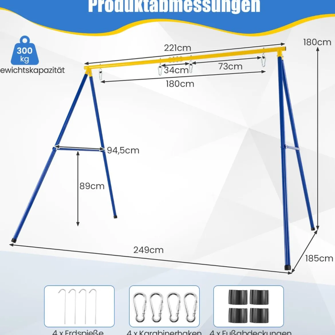 Schaukelgestell mit A-Rahmen Doppelschaukel neu mit extrastarkem Karabinerhaken 249 x 185 x 181,5 cm Blau + Gelb