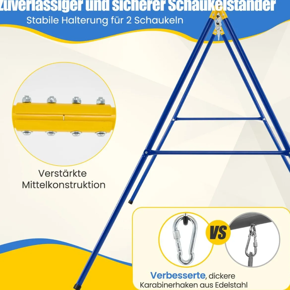 Schaukelgestell mit A-Rahmen Doppelschaukel neu mit extrastarkem Karabinerhaken 249 x 185 x 181,5 cm Blau + Gelb