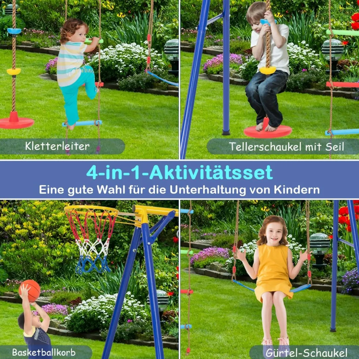 Schaukelgestell mit elastischer Schaukel Tellerschaukel 246 x 190 x 188 cm Gelb + Blau