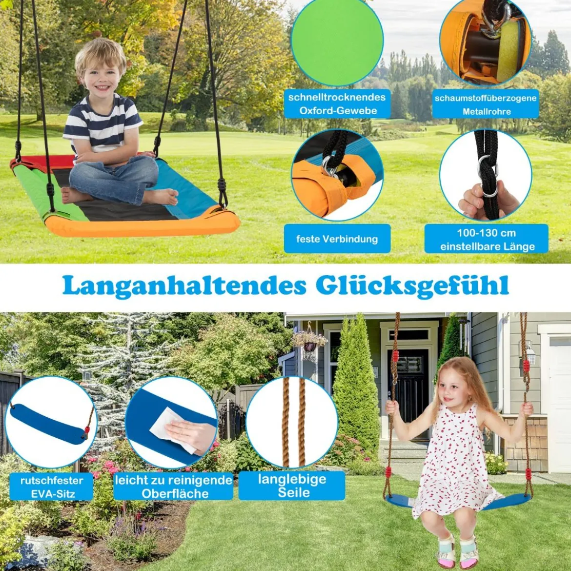 Schaukelgestell mit Nestschaukel elastischer Kinderschaukel & Babyschaukel 350 x 182 x 195 cm Gelb + Blau