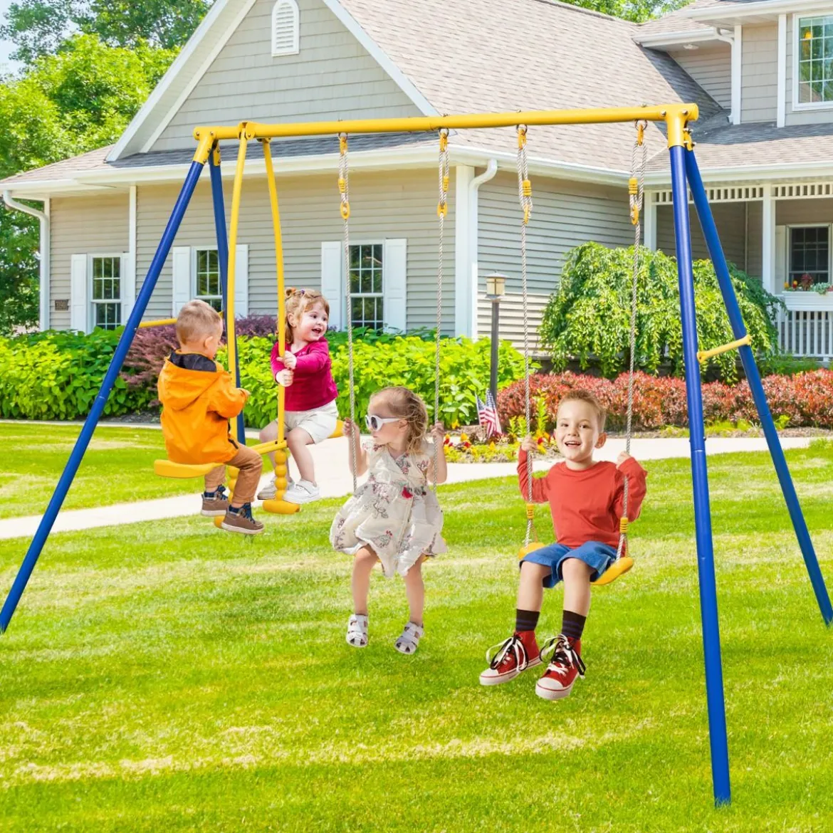 Schaukelgestell mit 2 Schaukeln & Gleitersitzen & Verstellbaren Hängeseilen Kinderschaukel