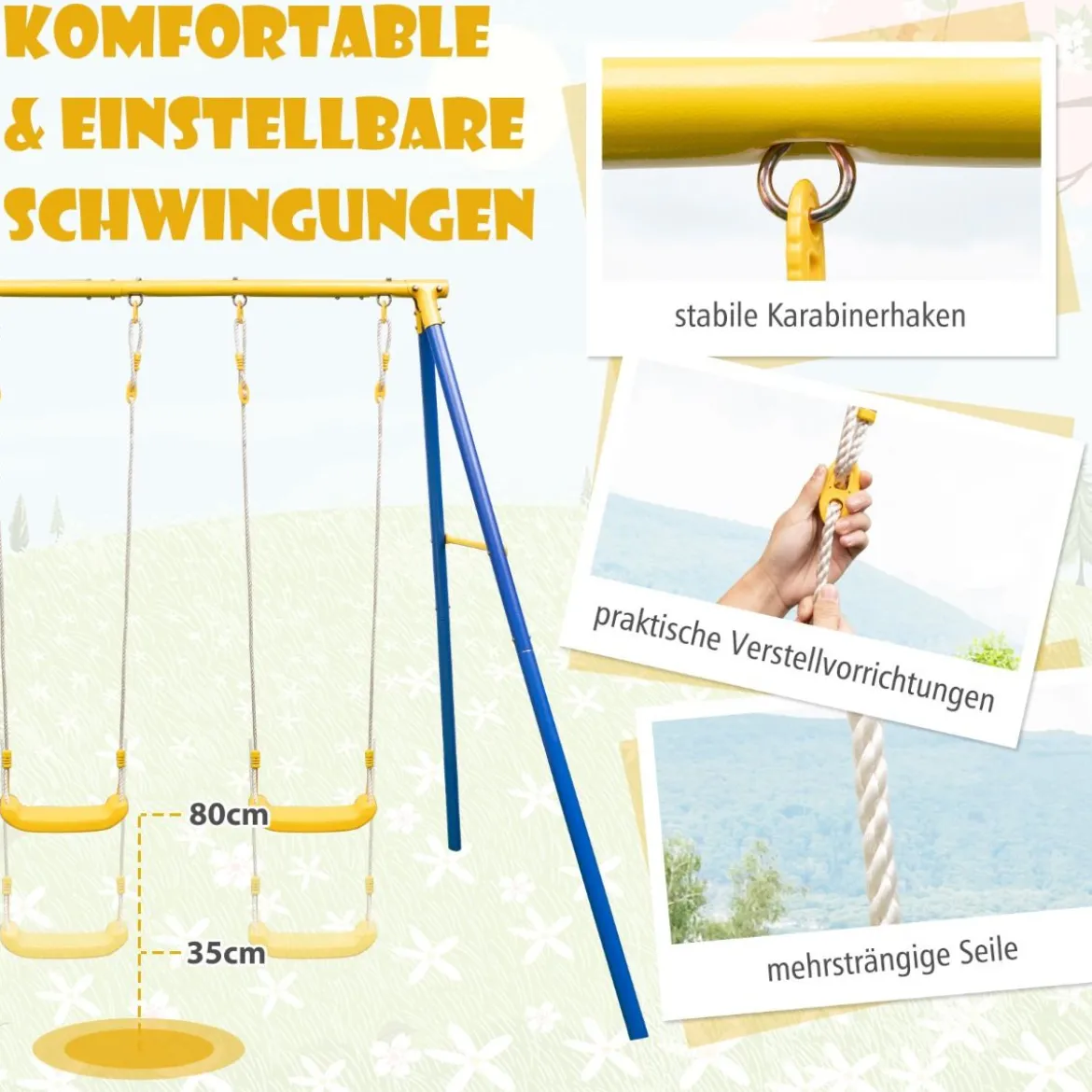 Schaukelgestell mit 2 Schaukeln & Gleitersitzen & Verstellbaren Hängeseilen Kinderschaukel