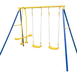 Schaukelgestell mit 2 Schaukeln & Gleitersitzen & Verstellbaren Hängeseilen Kinderschaukel