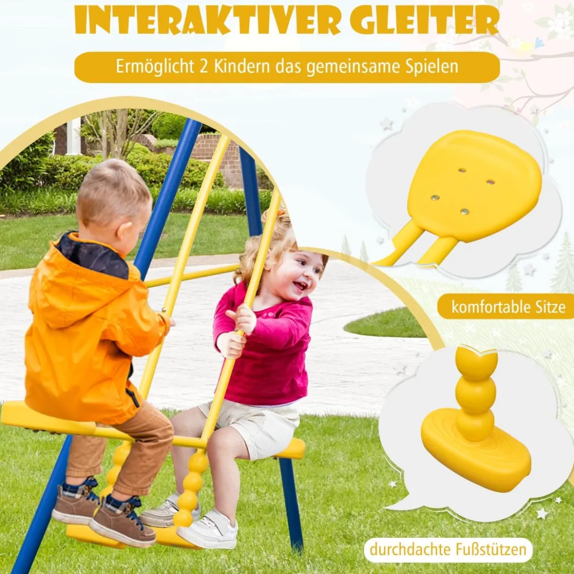 Schaukelgestell mit 2 Schaukeln & Gleitersitzen & Verstellbaren Hängeseilen Kinderschaukel