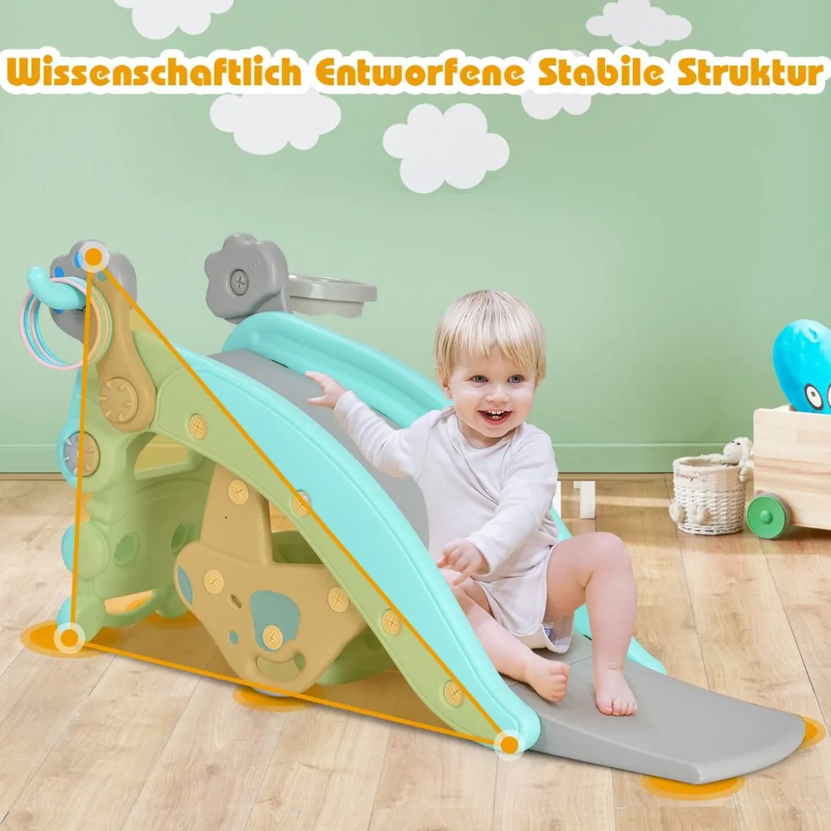 Schaukelpferd & Rutsche Multifunktionale Schaukelpferd-Rutsche mit Basketballkorb Blau