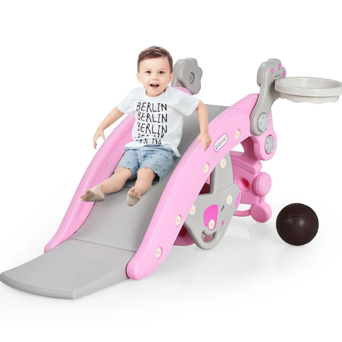 Schaukelpferd & Rutsche Multifunktionale Schaukelpferd-Rutsche mit Basketballkorb Rosa