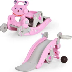 Schaukelpferd & Rutsche Multifunktionale Schaukelpferd-Rutsche mit Basketballkorb Rosa