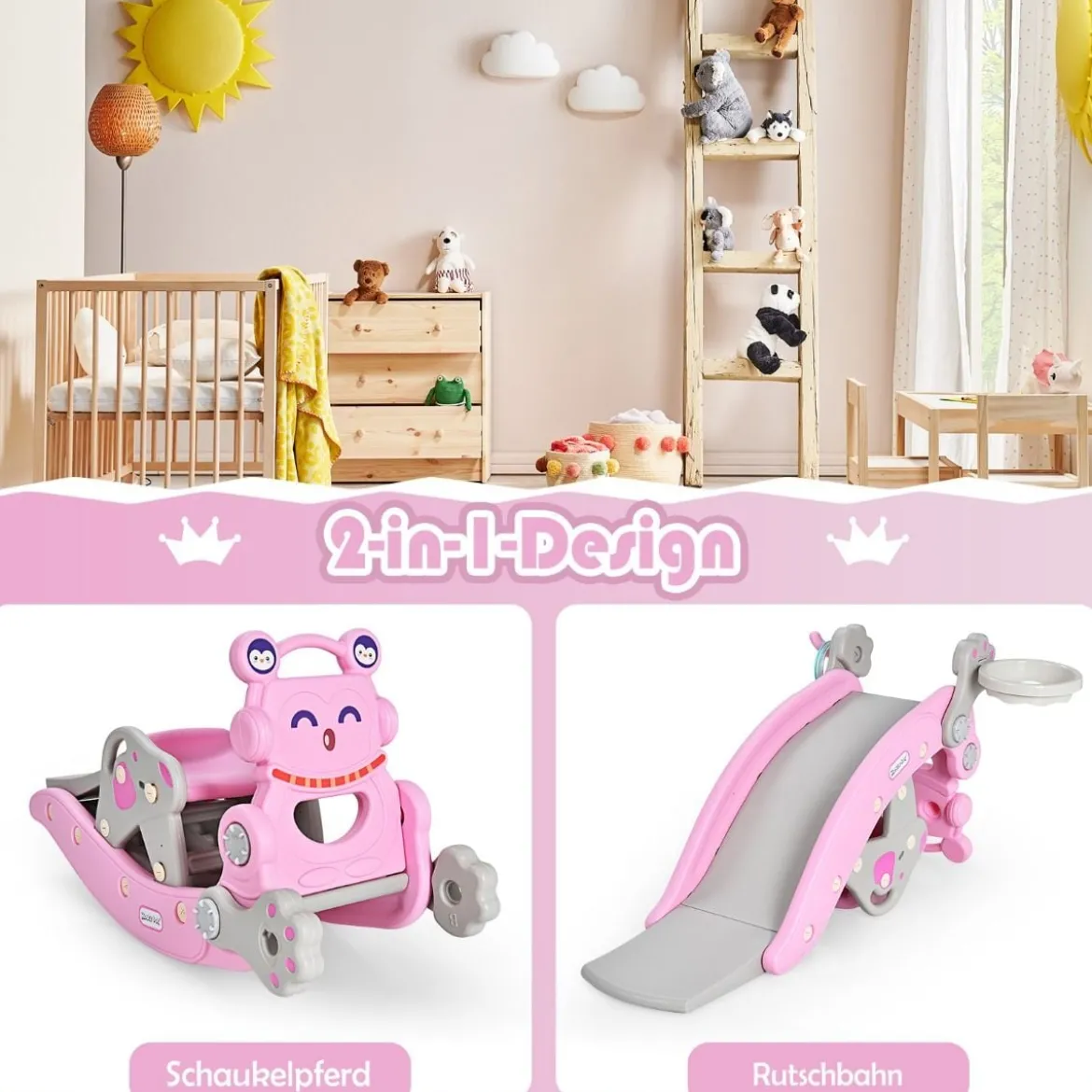 Schaukelpferd & Rutsche Multifunktionale Schaukelpferd-Rutsche mit Basketballkorb Rosa