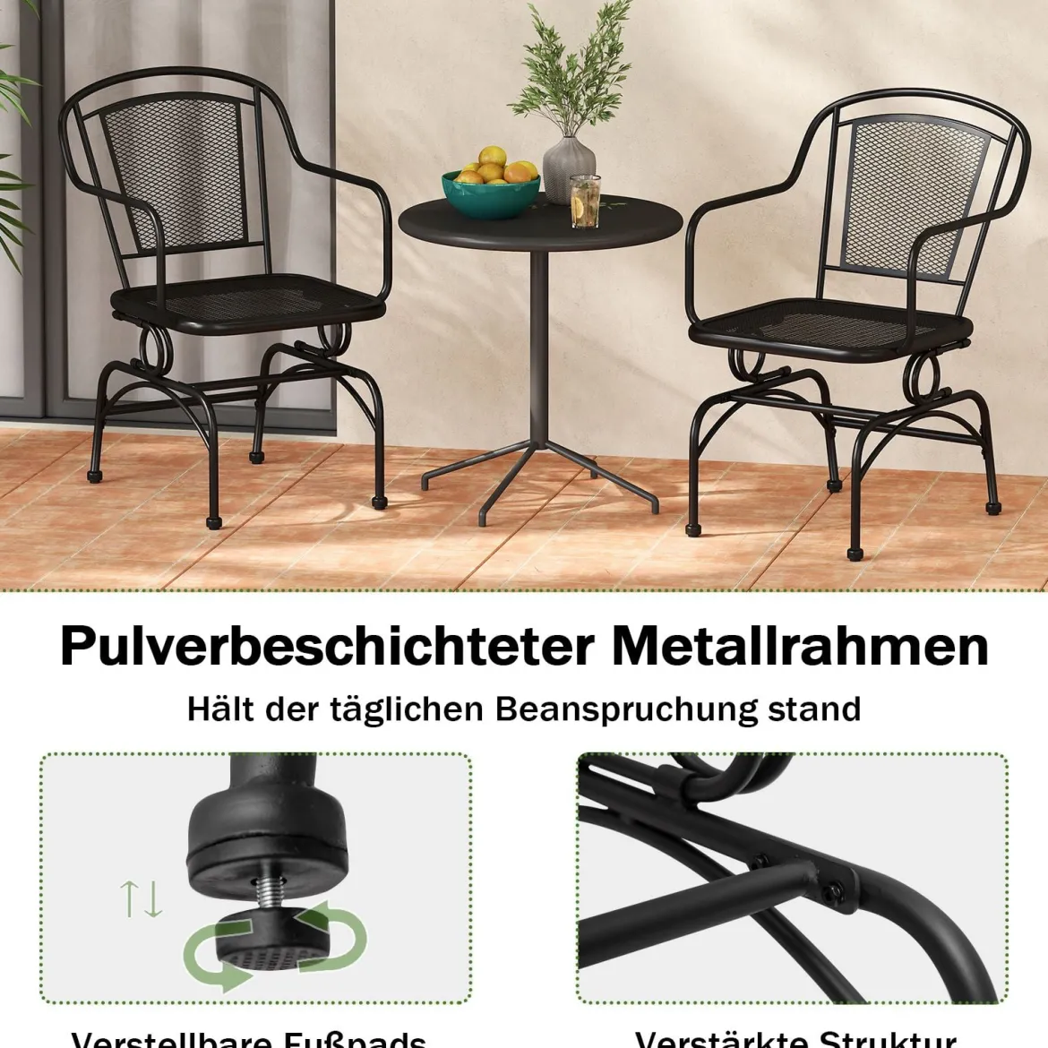 Schaukelstühle 2er Set aus Metall Schwarz – Hängestühle mit sanfter Schaukelbewegung für Garten & Terrasse Balkonmöbel Belastbarkeit bis 150kg