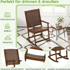 Schaukelstuhl aus Holz mit Armlehne & Kunstledergeflecht & Gummibaumrahmen Braun