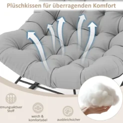 Schaukelstuhl für drinnen & draußen übergroßer Papasan-Stuhl mit gepolstertem Kissen Terrassensessel mit 205 kg Tragkraft Hellgrau
