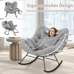 Schaukelstuhl für drinnen & draußen übergroßer Papasan-Stuhl mit gepolstertem Kissen Terrassensessel mit 205 kg Tragkraft Hellgrau