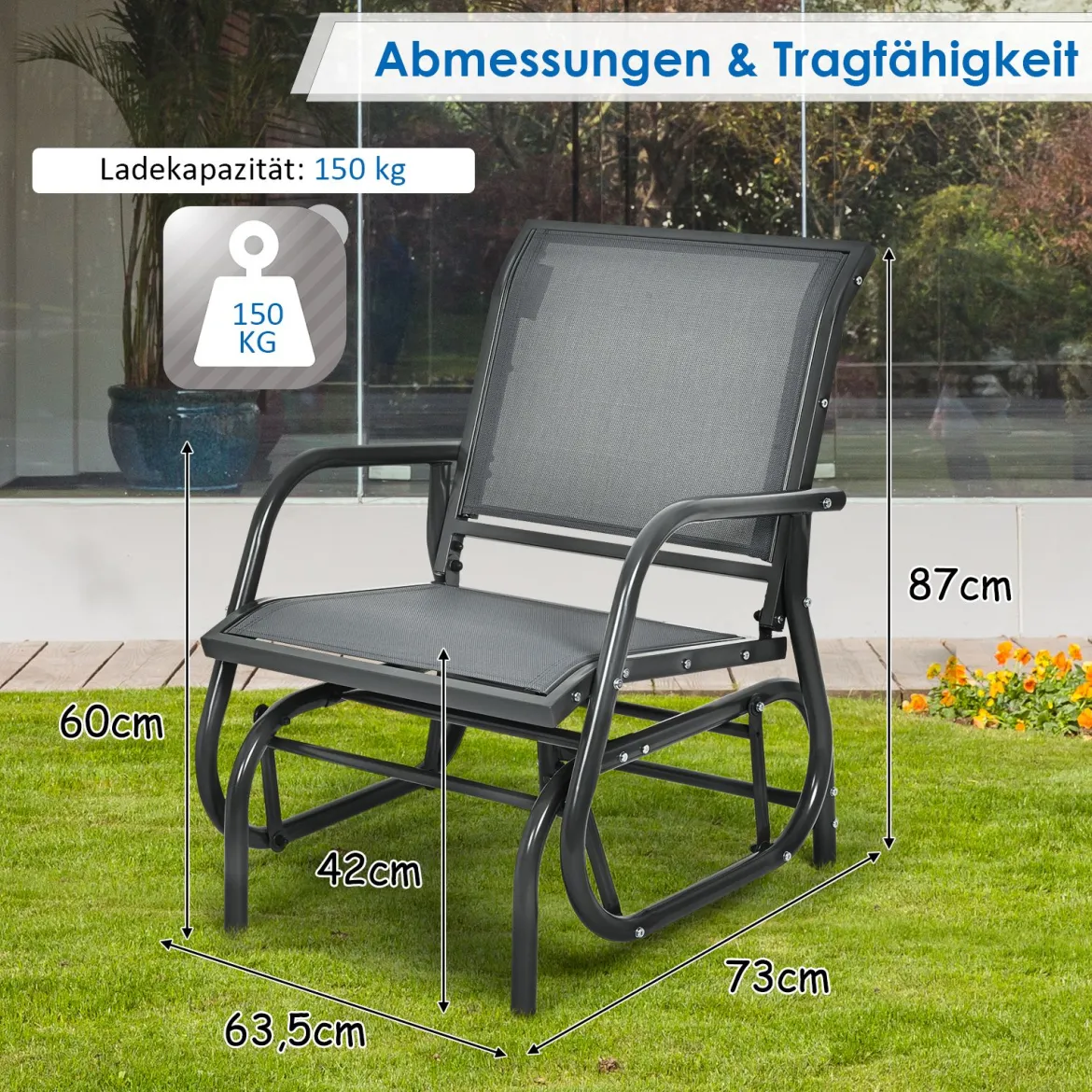Schaukelstuhl Gartenstuhl Outdoor-Schaukelstuhl mit Metallrahmen Schwingsessel wasserdicht Grau