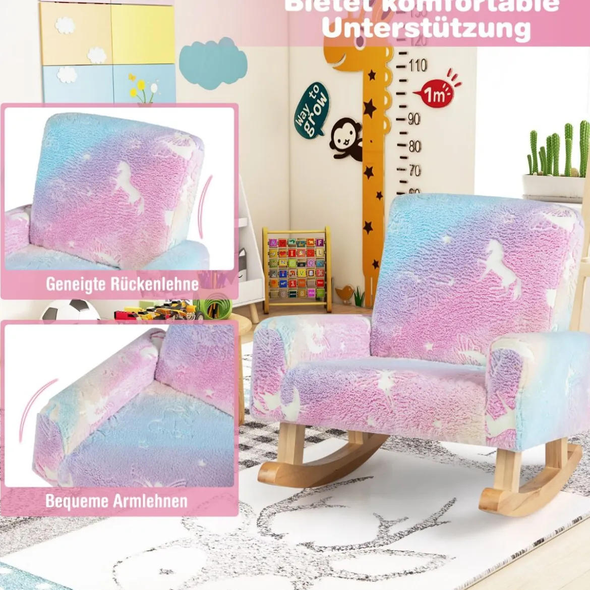 Schaukelstuhl Kinder Kindersofa im Dunkeln Leuchtend Kindersessel gepolstert aus Flanellstoff Bunt