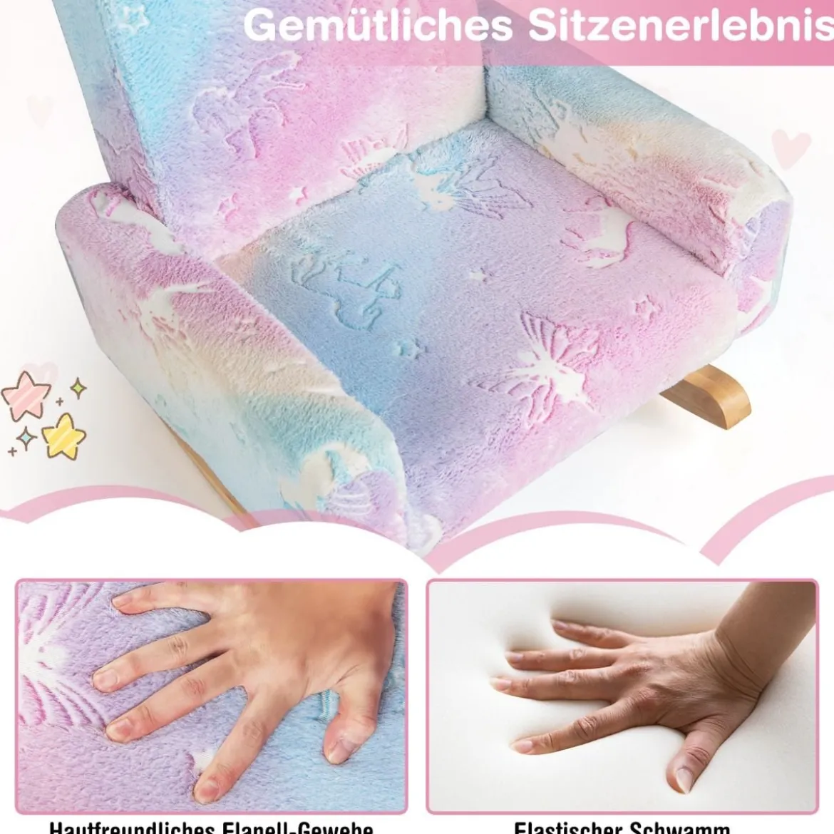 Schaukelstuhl Kinder Kindersofa im Dunkeln Leuchtend Kindersessel gepolstert aus Flanellstoff Bunt