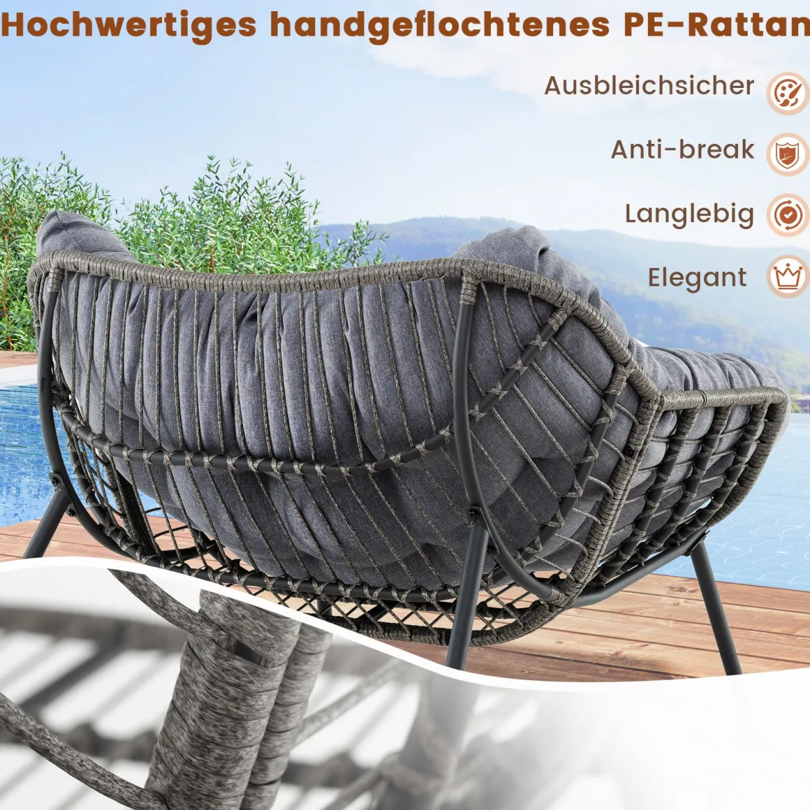 Schaukelstuhl mit Dickem & Abnehmbarem Kissen Übergroßer Schaukelsessel Relaxsessel Grau