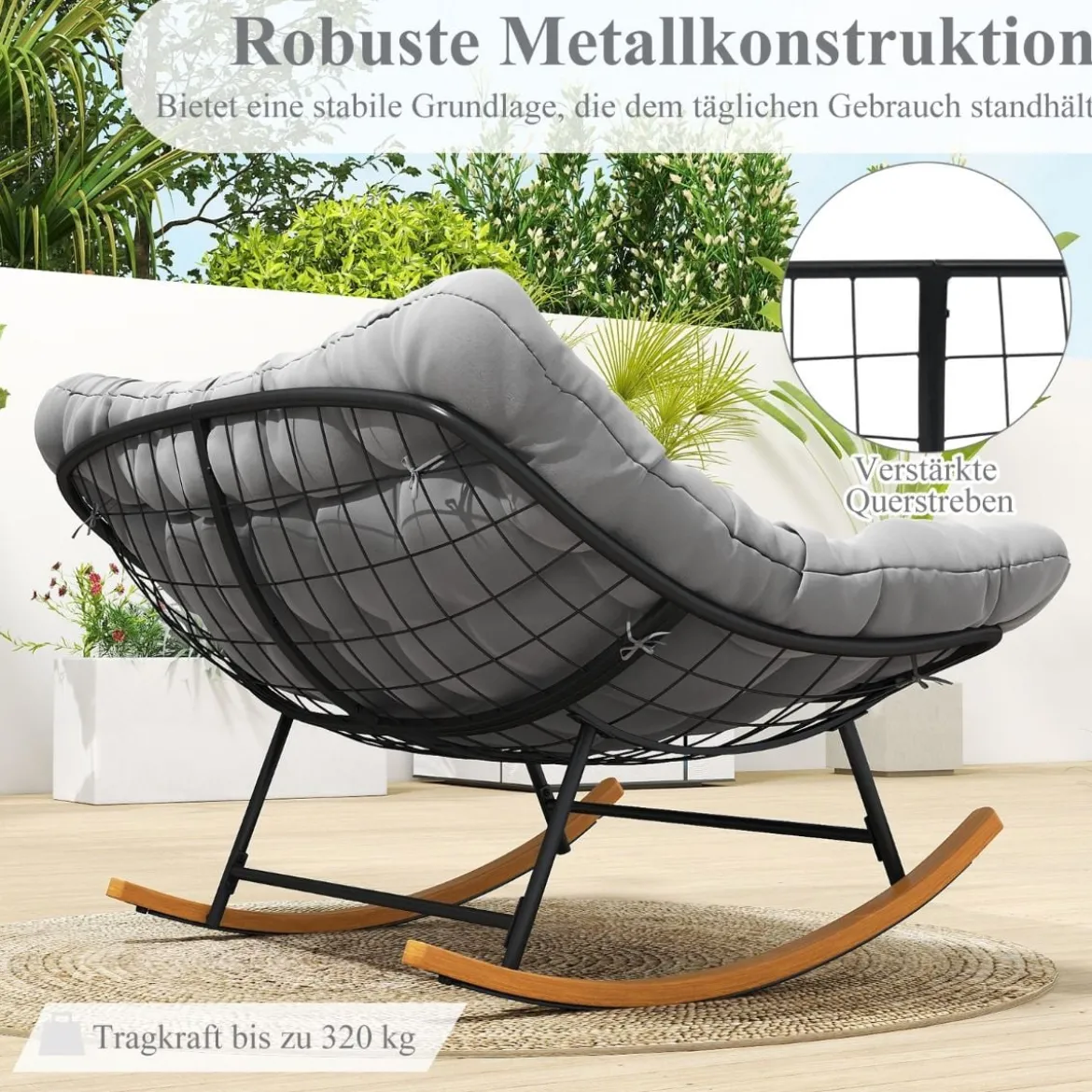 Schaukelstuhl mit Dickem Kissen Übergroßer Schaukelsessel bis 320 kg Belastbar Relaxstuhl Dunkelgrau/Grau/Beige