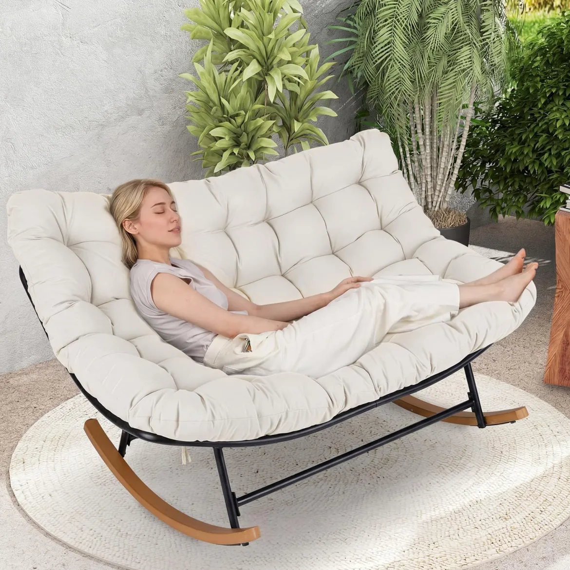 Schaukelstuhl mit Dickem Kissen Übergroßer Schaukelsessel bis 320 kg Belastbar Relaxstuhl Dunkelgrau/Grau/Beige