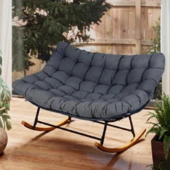 Schaukelstuhl mit Dickem Kissen Übergroßer Schaukelsessel bis 320 kg Belastbar Relaxstuhl Dunkelgrau/Grau/Beige